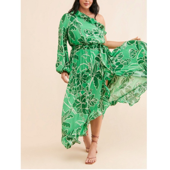FARM Rio Printed One-Shoulder Ruffle DressSz 1X